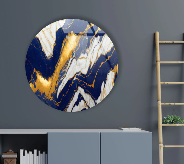 Royal Blue & Gold Marble Round Wall Art – Luxurious Tempered Glass Accent for Modern Interiors - MyPhotoStation