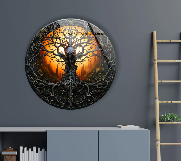 Gothic Skull Tree Round Wall Art – Dark Fantasy Glass Decor for Horror & Halloween Lovers - MyPhotoStation