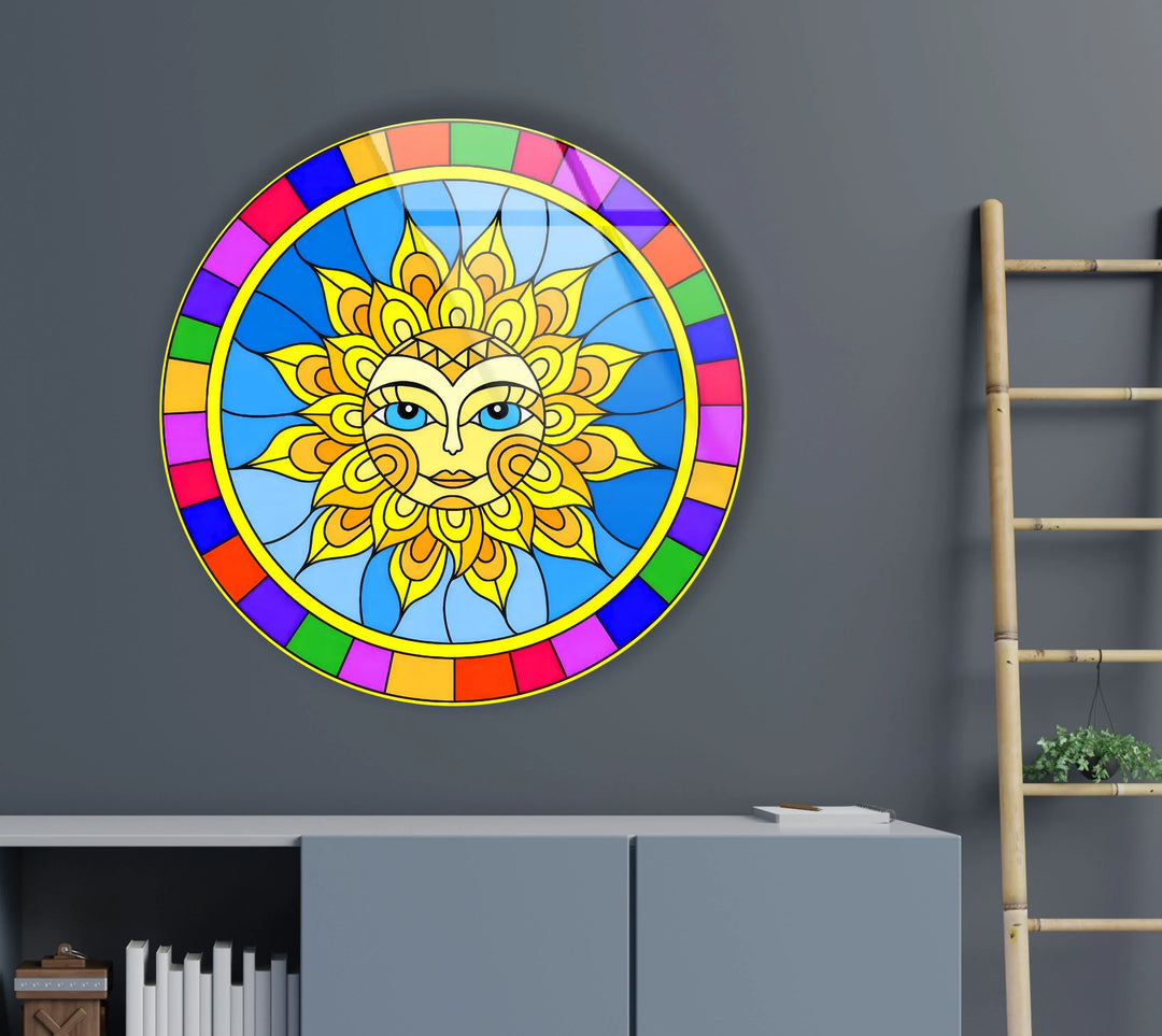 Colorful Sun Face Round Wall Art – Boho Celestial Decor in Glass - MyPhotoStation