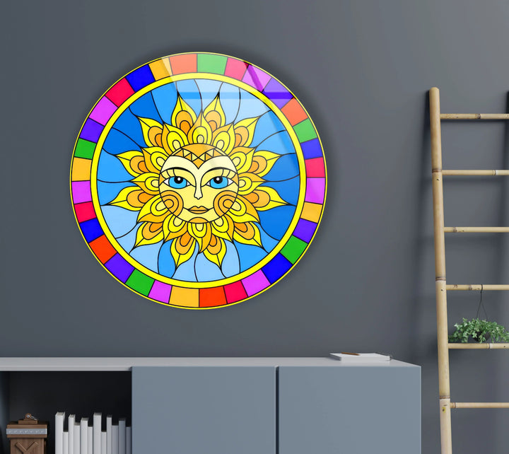 Colorful Sun Face Round Wall Art – Boho Celestial Decor in Glass - MyPhotoStation