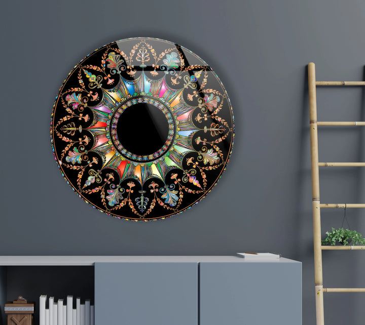 Mandala Round Wall Art – Ornate Colorful Glass Print with Black Background for Luxe Boho or Modern Decor - MyPhotoStation