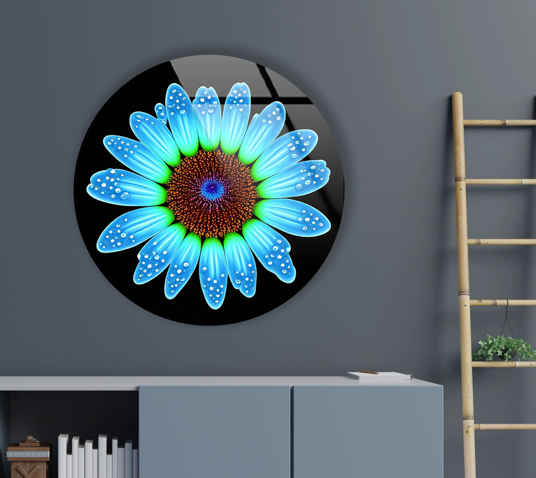 Blue Daisy Flower Wall Art – Round Modern Floral Glass Print with Water Droplets - MyPhotoStation