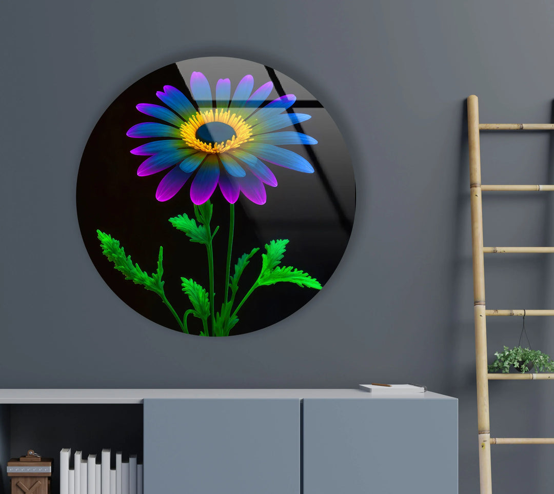Neon Daisy Flower Wall Art – Round Glass Print with Black Background, Colorful Petals & Green Stem - MyPhotoStation