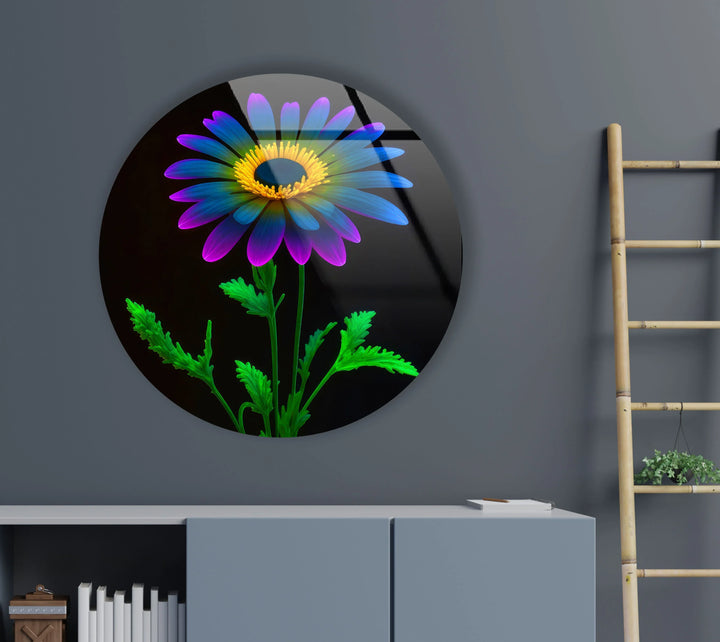Neon Daisy Flower Wall Art – Round Glass Print with Black Background, Colorful Petals & Green Stem - MyPhotoStation