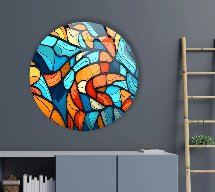 Colorful Abstract Stained Glass Round Wall Art – Blue Orange Modern Design - MyPhotoStation