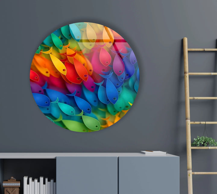 Rainbow Fish Round Wall Art – Vibrant Colorful Ocean-Inspired Glass Decor - MyPhotoStation