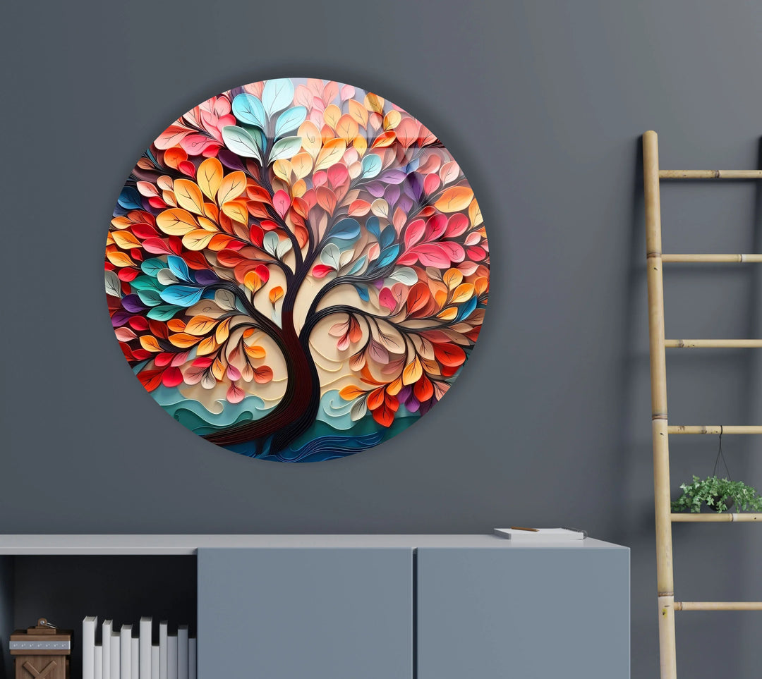 Whimsical Rainbow Tree Round Wall Art – Multicolor Glass Wall Decor for Living Room & Office - MyPhotoStation