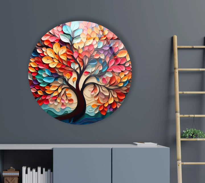 Whimsical Rainbow Tree Round Wall Art – Multicolor Glass Wall Decor for Living Room & Office - MyPhotoStation