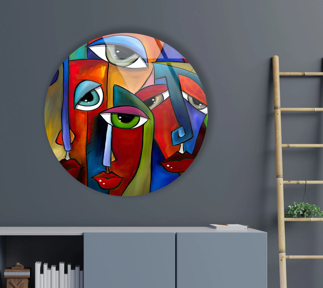 Colorful Cubist Face Round Wall Art – Abstract Glass Decor with Modern Picasso Style - MyPhotoStation