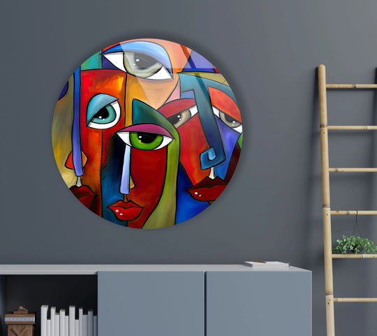 Brightest highlights define the bold glass print wall art in this colorful, round Cubist face wall art, an abstract decor piece reminiscent of modern Picasso style.