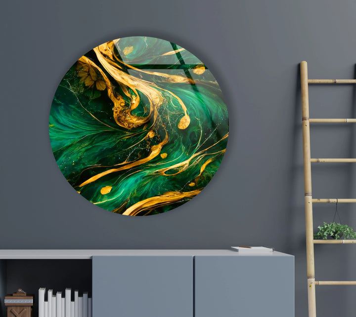 Emerald Gold Abstract Round Wall Art – Luxury Glass Decor for Modern Interiors - MyPhotoStation