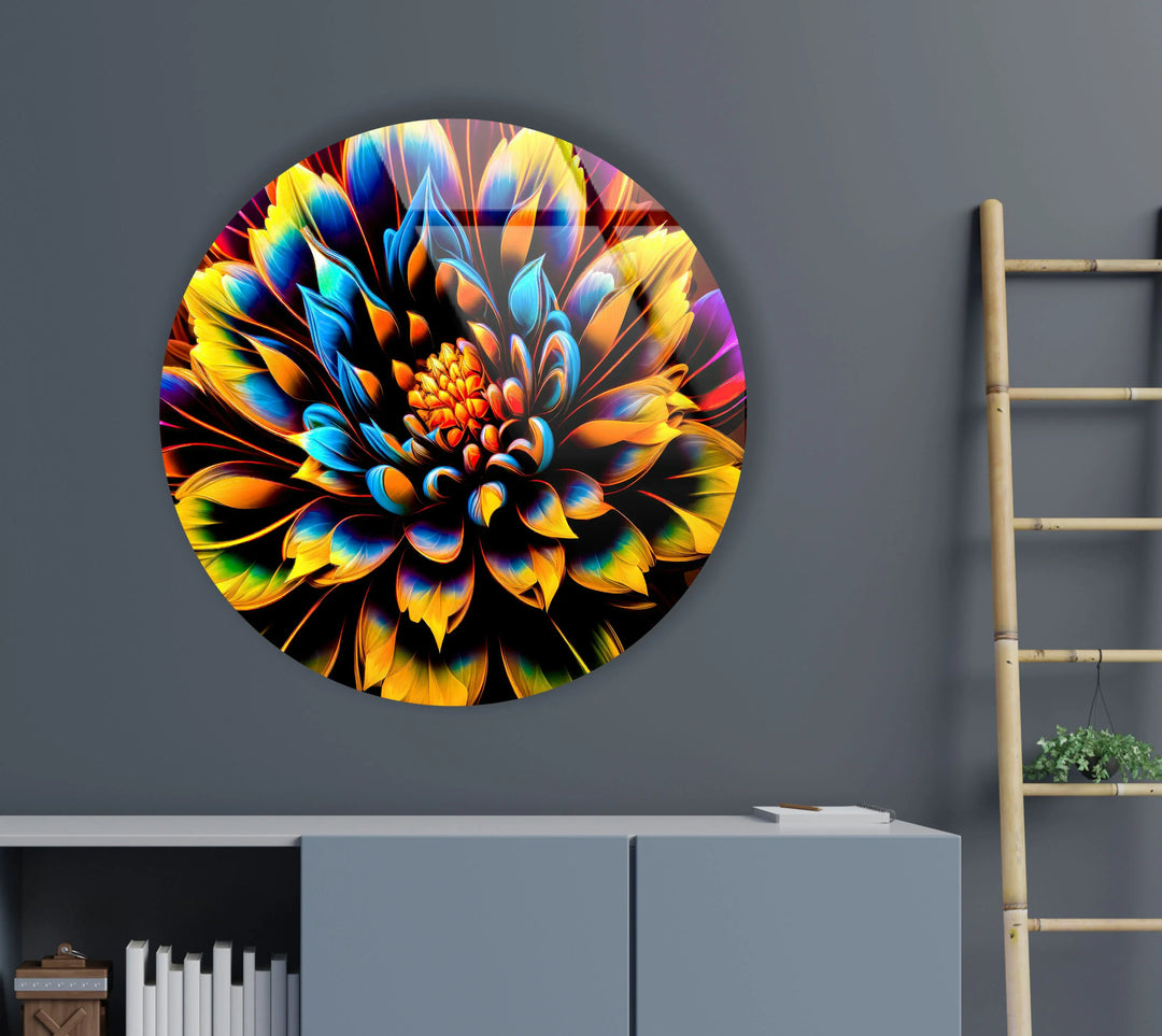 Vibrant Neon Flower Wall Art – Round Glass Decor with Black Background, Bold Petals & UV Print - MyPhotoStation