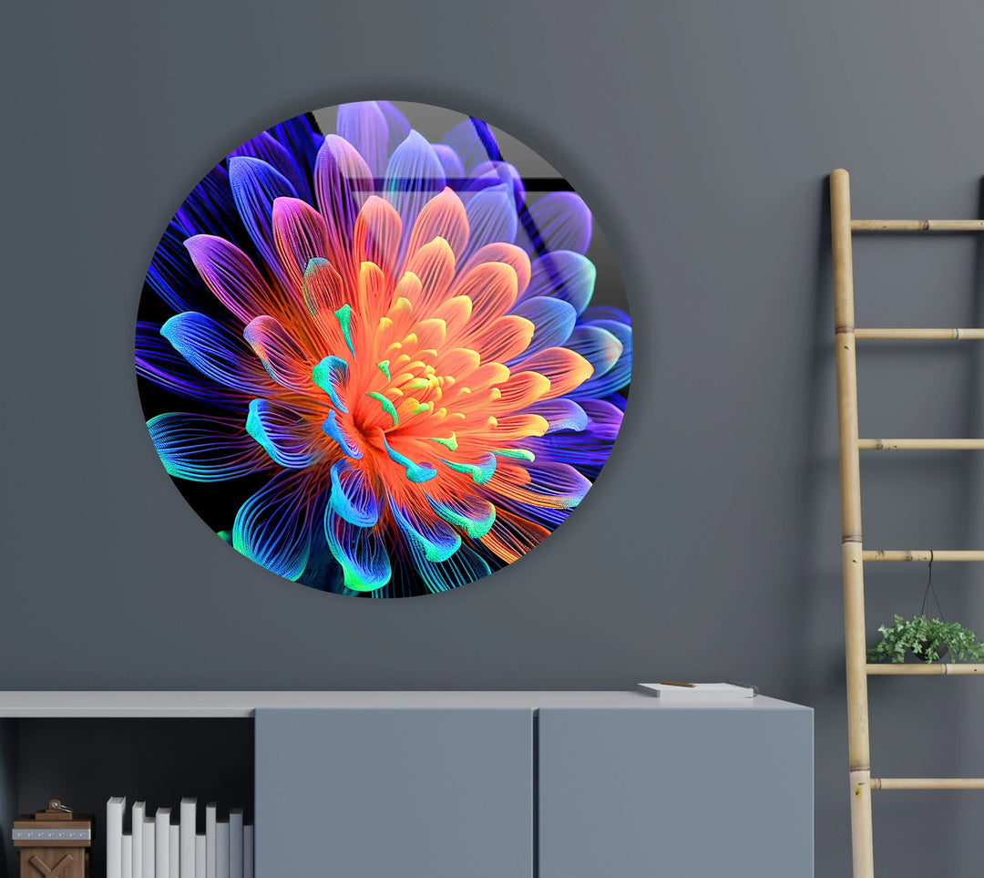 Radiant Neon Flower Glass Wall Art – Round Modern Decor with Vivid Color Petals - MyPhotoStation