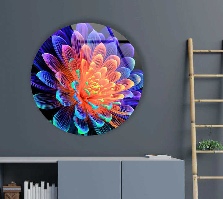 Radiant Neon Flower Glass Wall Art – Round Modern Decor with Vivid Color Petals - MyPhotoStation