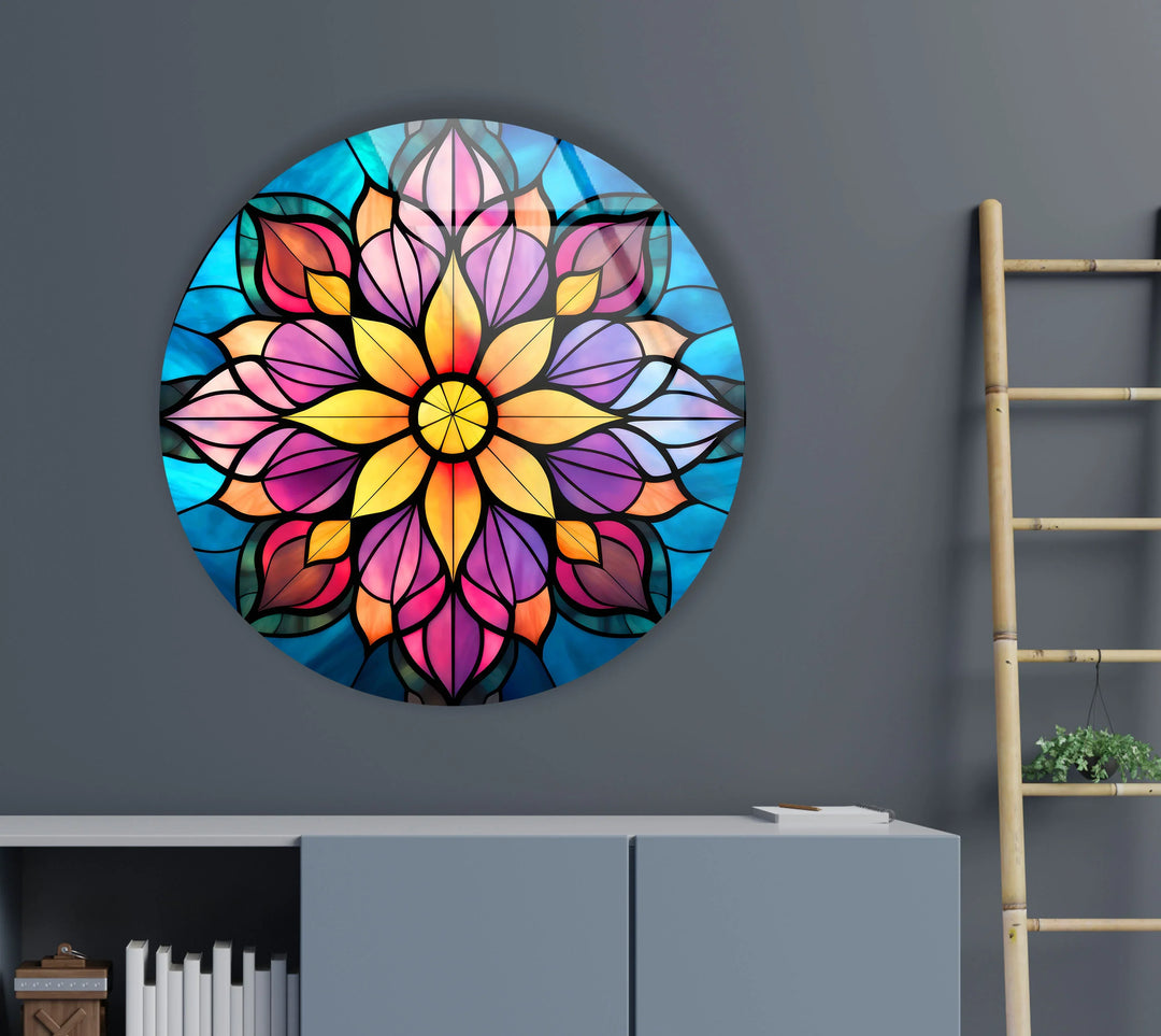 Mandala Lotus Flower Glass Wall Art – Round Stained Glass Style Floral Decor for Zen & Boho Homes - MyPhotoStation