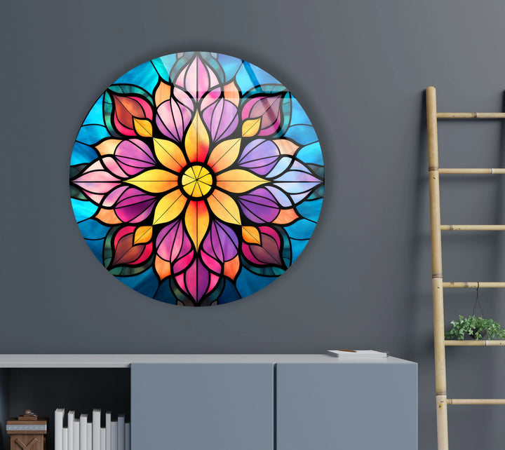 Mandala Lotus Flower Glass Wall Art – Round Stained Glass Style Floral Decor for Zen & Boho Homes - MyPhotoStation