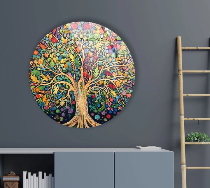 Colorful Tree of Life Wall Art – Round Glass Print with Vibrant Botanical Design for Nature-Inspired Home Decor - MyPhotoStation