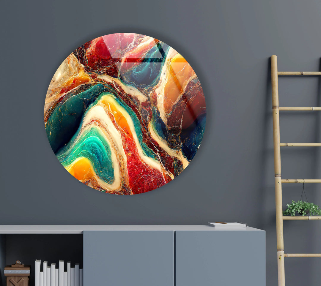 Colorful Marble Swirl Round Wall Art – Abstract Glass Decor with Earthy Tones & Gemstone Texture - MyPhotoStation