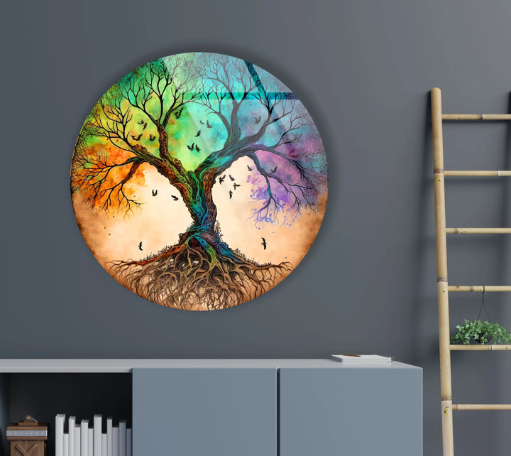 Dual Tree of Life Wall Art – Colorful Round Glass Print with Roots and Birds for Modern Home Decor - MyPhotoStation
