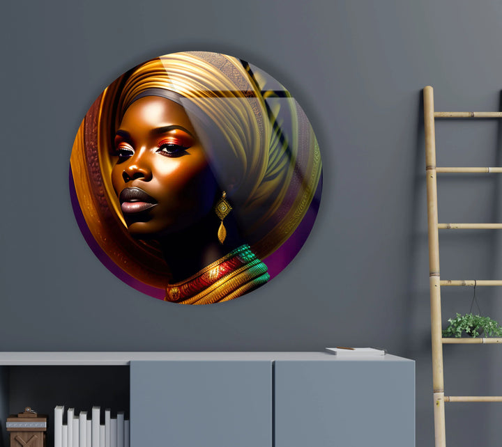 African Woman Portrait Wall Art – Bold Round Glass Print with Golden Headwrap for Modern & Cultural Decor - MyPhotoStation