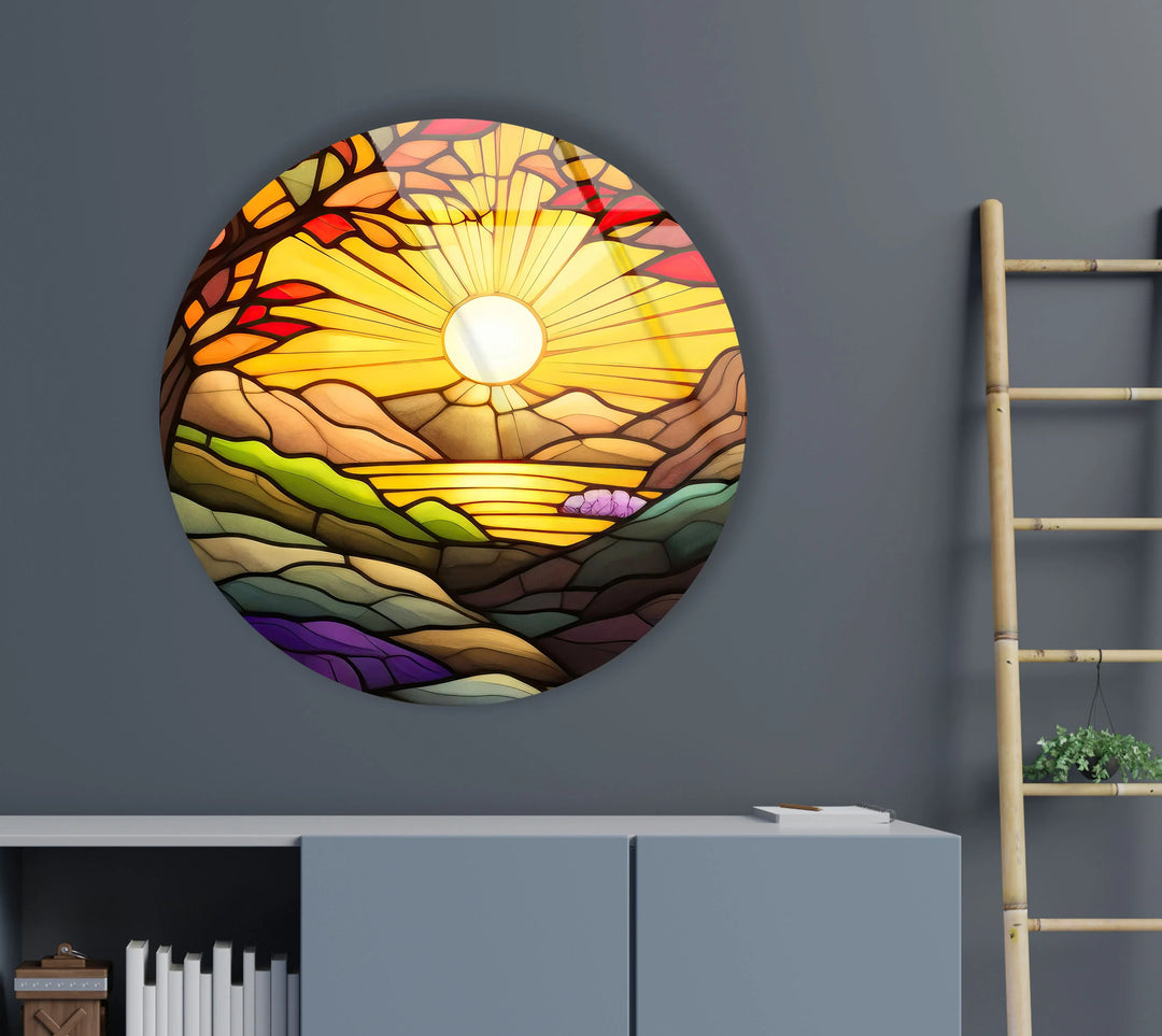 Sunrise Landscape Wall Art – Vibrant Round Stained Glass Style Glass Print for Living Room or Entryway - MyPhotoStation