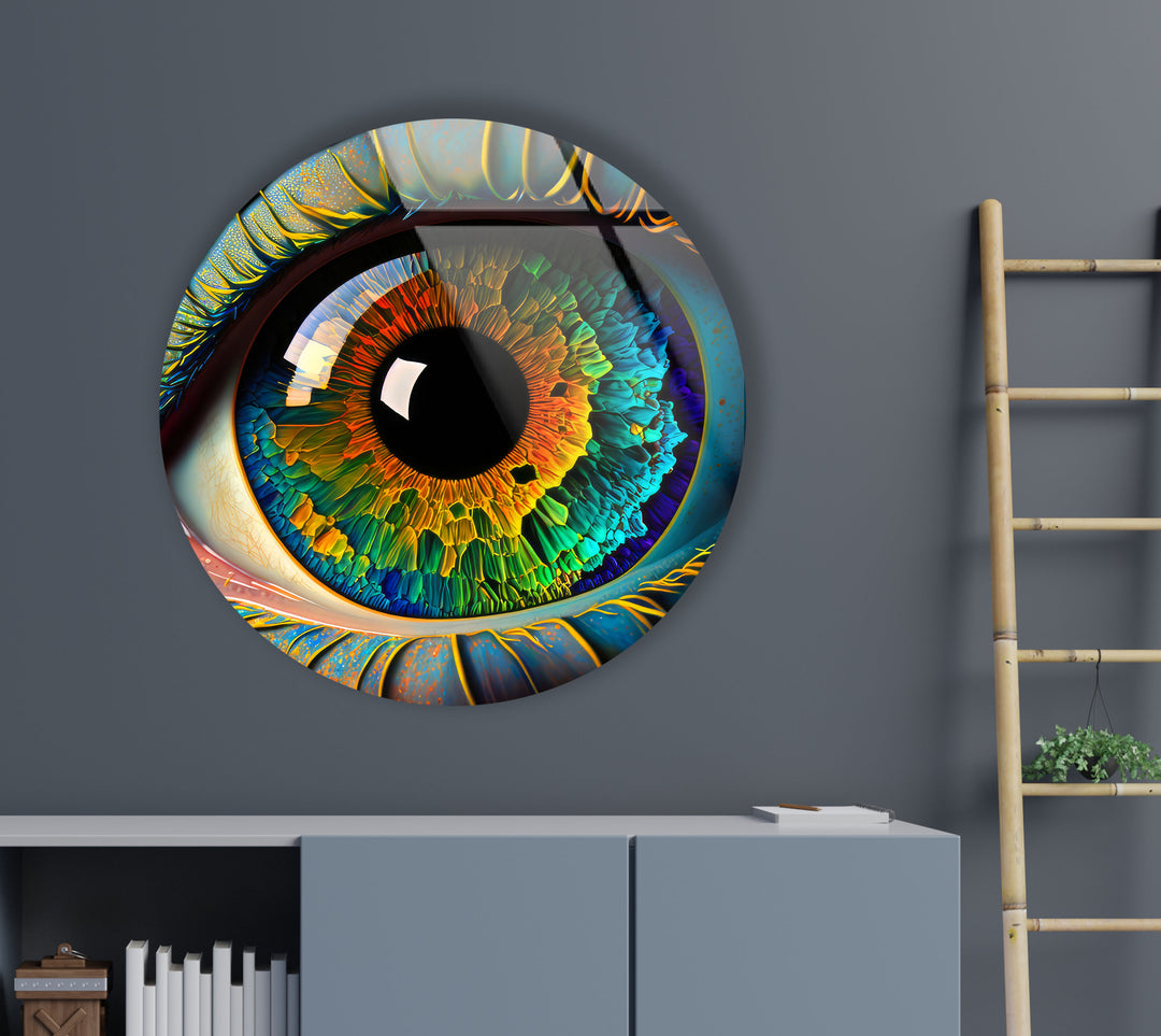 Rainbow Eye Wall Art in Round Glass – Colorful Abstract Vision Decor