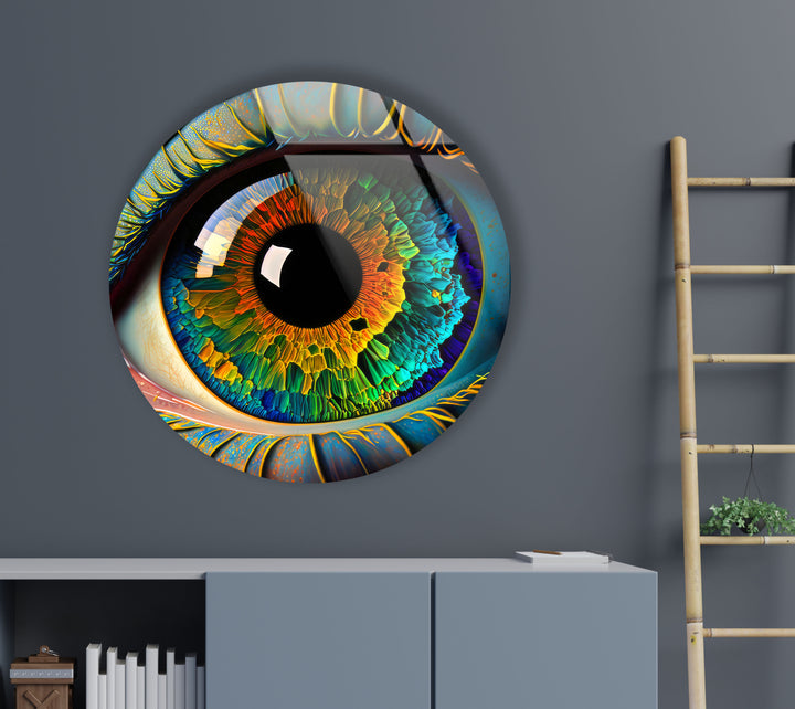 Rainbow Eye Wall Art in Round Glass – Colorful Abstract Vision Decor