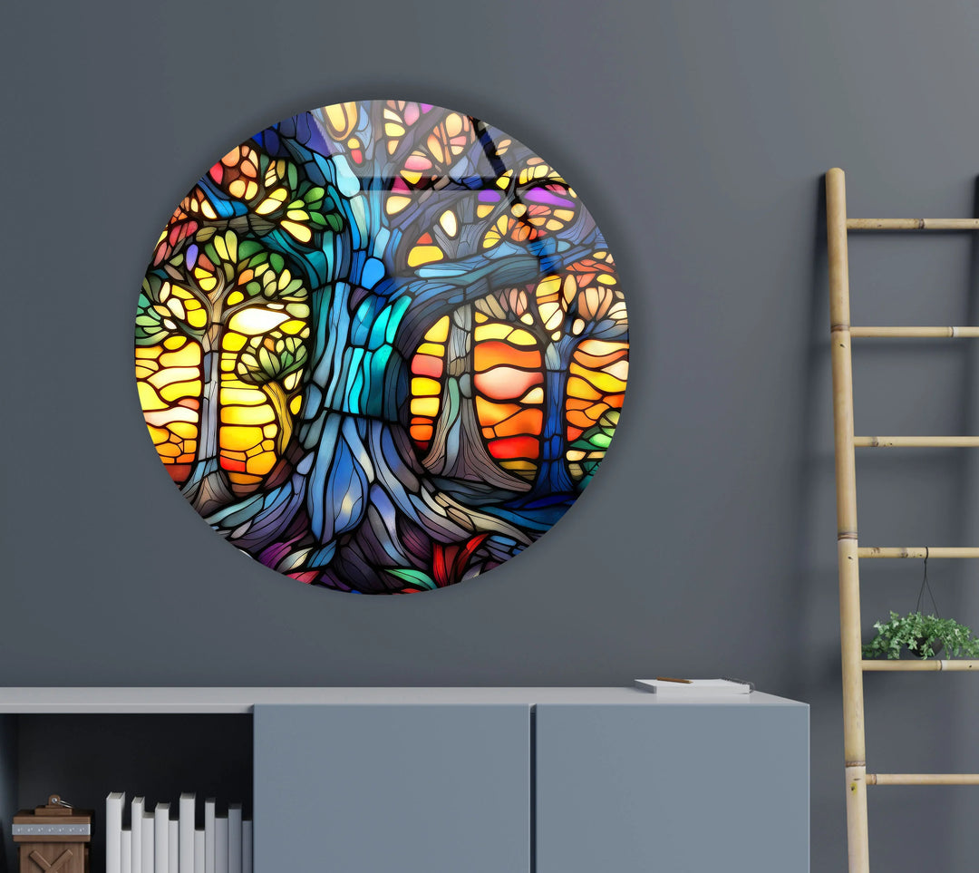 Stained Glass Tree of Life Wall Art – Round Vibrant Forest Print for Spiritual Home Decor - MyPhotoStation