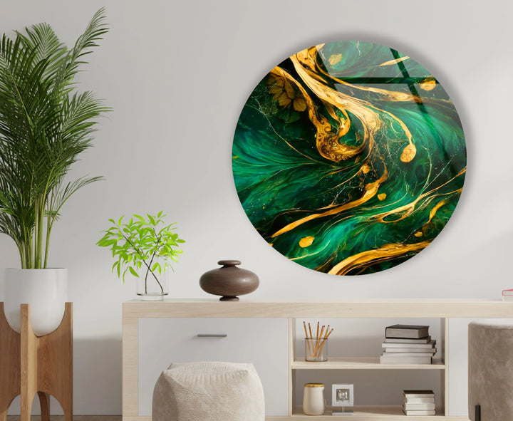 Emerald Gold Abstract Round Wall Art – Luxury Glass Decor for Modern Interiors - MyPhotoStation