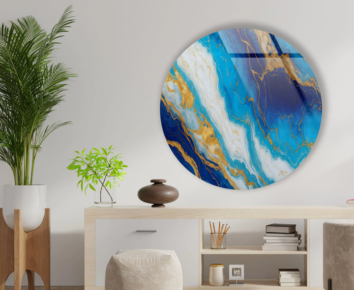 Turquoise & Sapphire Marble Round Wall Art – Elegant Glass Print for Luxurious Modern Decor - MyPhotoStation
