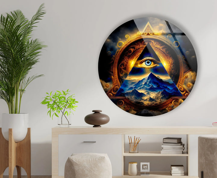 Eye of Providence Round Wall Art – Mystical Glass Decor with Pyramid & Mountain Design - MyPhotoStation