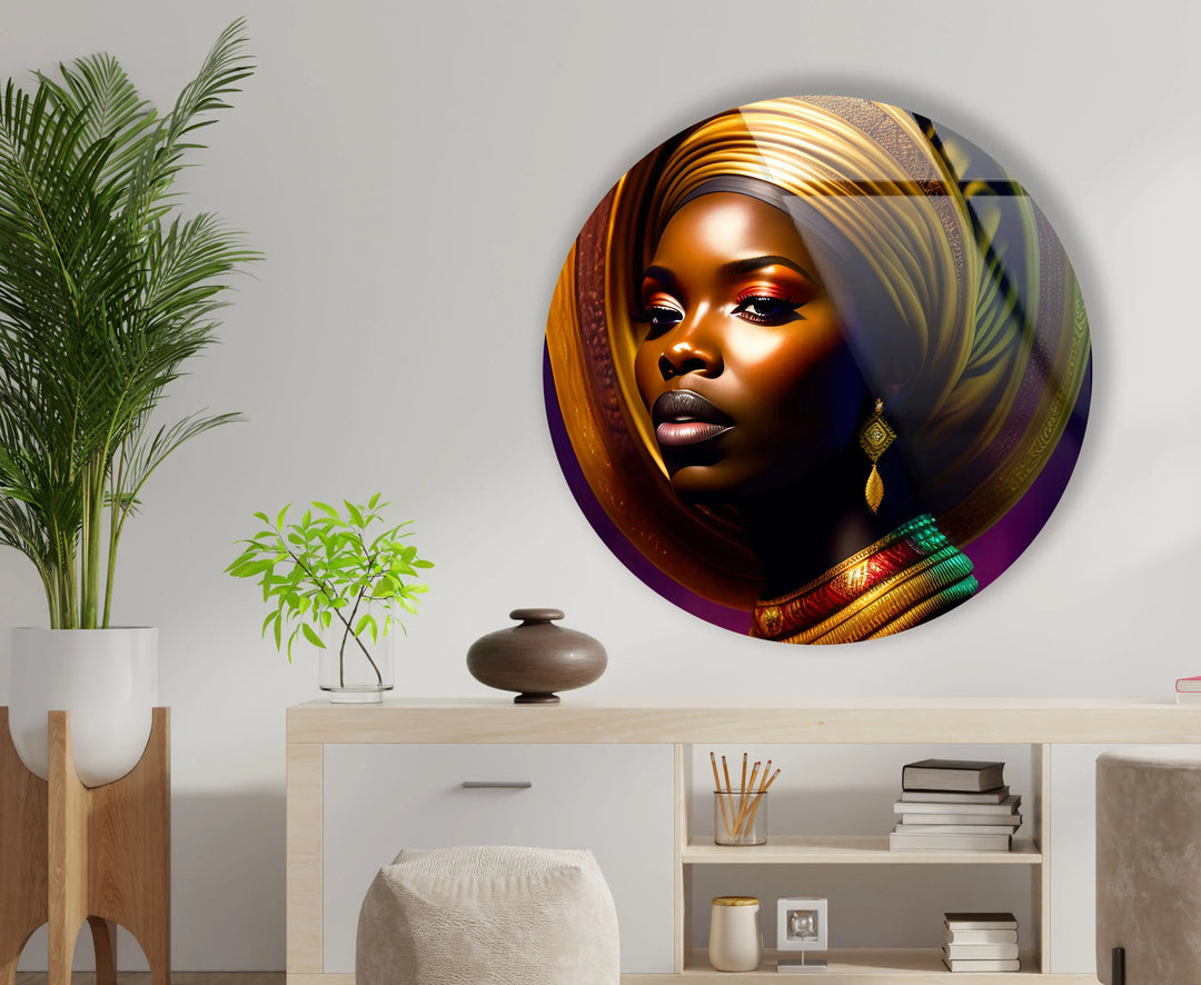 African Woman Portrait Wall Art – Bold Round Glass Print with Golden Headwrap for Modern & Cultural Decor - MyPhotoStation