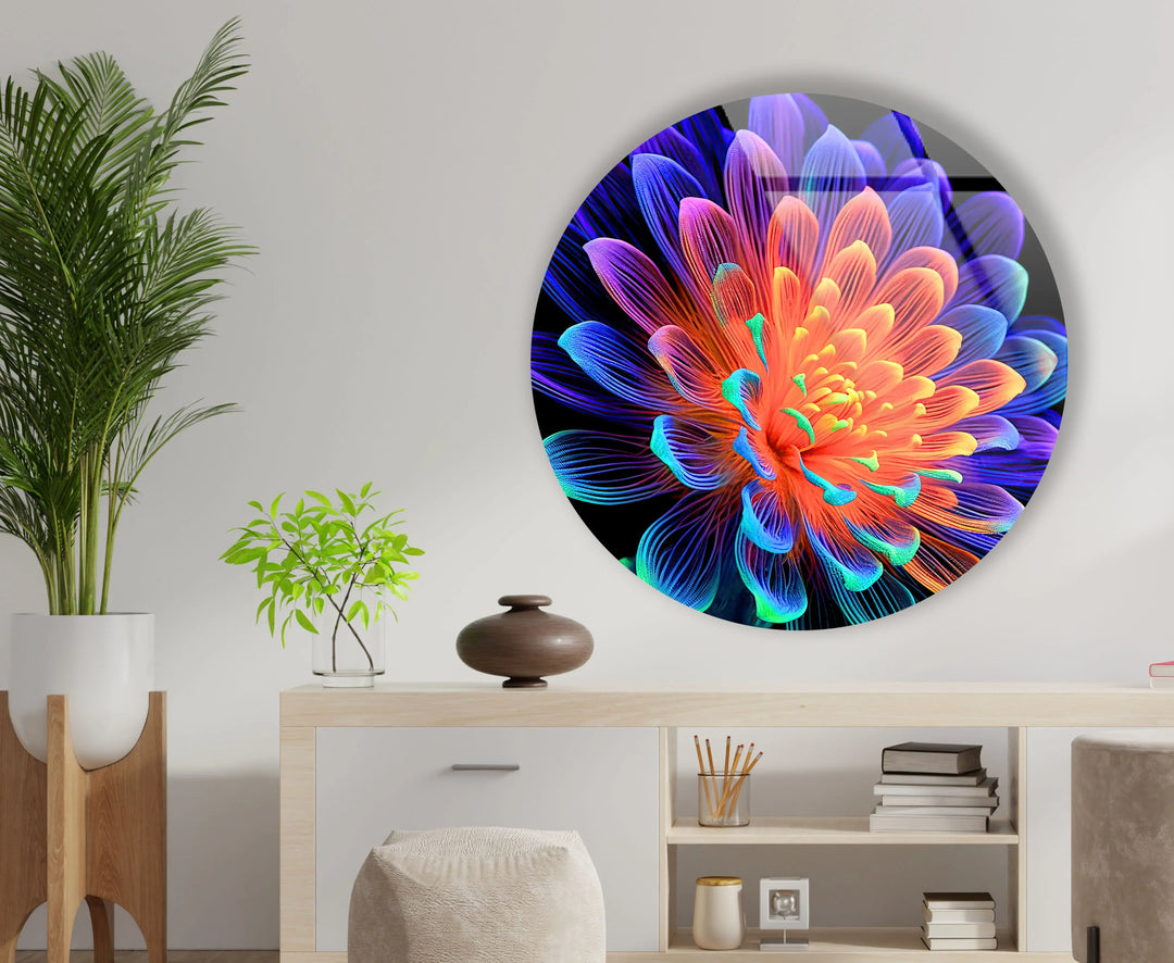 Radiant Neon Flower Glass Wall Art – Round Modern Decor with Vivid Color Petals - MyPhotoStation
