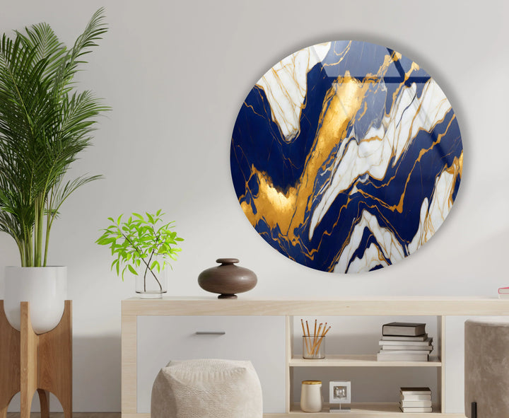 Royal Blue & Gold Marble Round Wall Art – Luxurious Tempered Glass Accent for Modern Interiors - MyPhotoStation