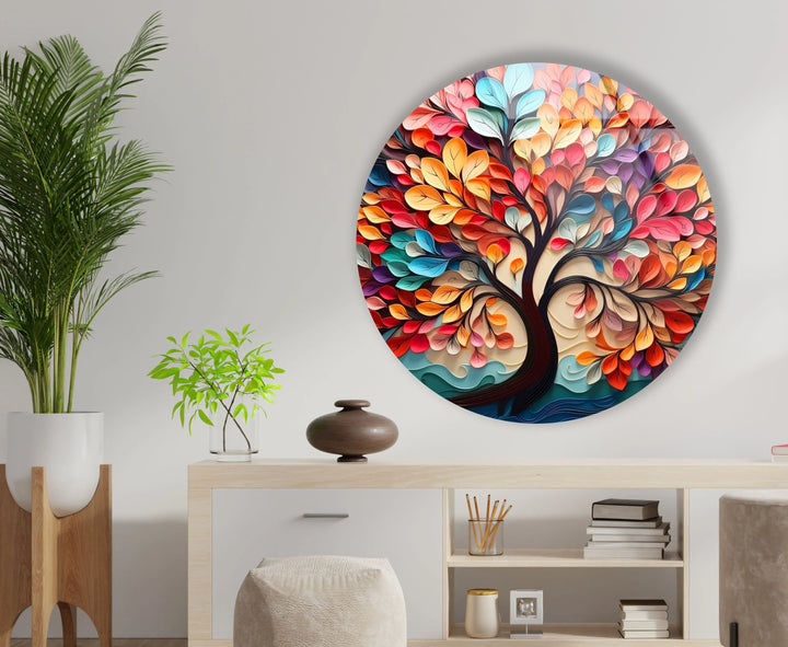Whimsical Rainbow Tree Round Wall Art – Multicolor Glass Wall Decor for Living Room & Office - MyPhotoStation