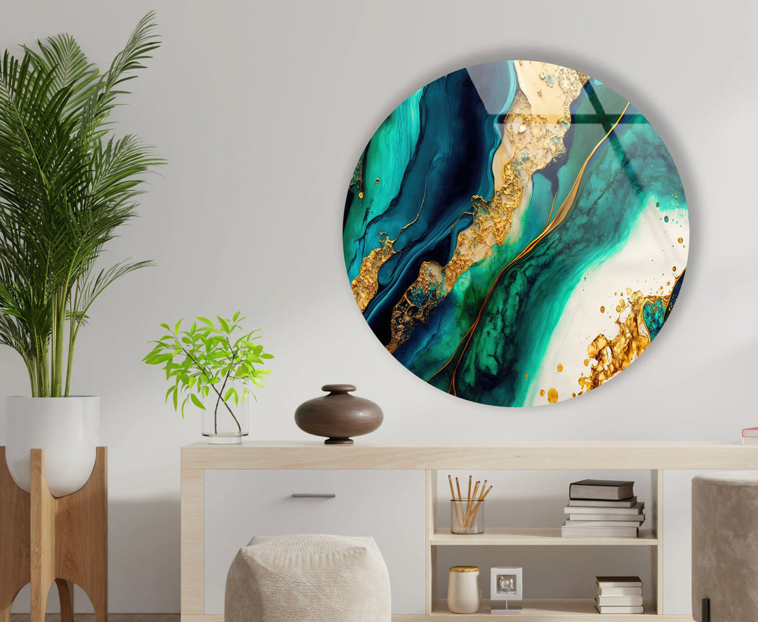 Turquoise Gold Marble Round Wall Art – Ocean-Inspired Luxury Glass Decor for Modern Interiors - MyPhotoStation