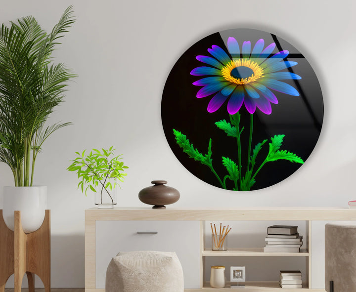Neon Daisy Flower Wall Art – Round Glass Print with Black Background, Colorful Petals & Green Stem - MyPhotoStation