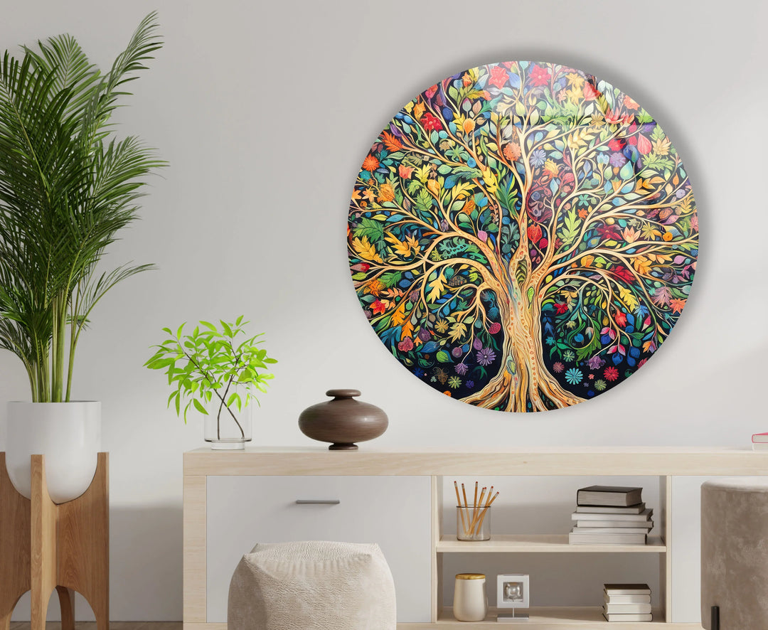 Colorful Tree of Life Wall Art – Round Glass Print with Vibrant Botanical Design for Nature-Inspired Home Decor - MyPhotoStation
