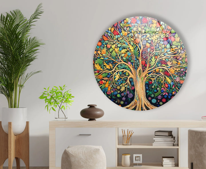 Colorful Tree of Life Wall Art – Round Glass Print with Vibrant Botanical Design for Nature-Inspired Home Decor - MyPhotoStation