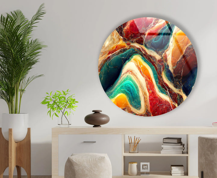 Colorful Marble Swirl Round Wall Art – Abstract Glass Decor with Earthy Tones & Gemstone Texture - MyPhotoStation