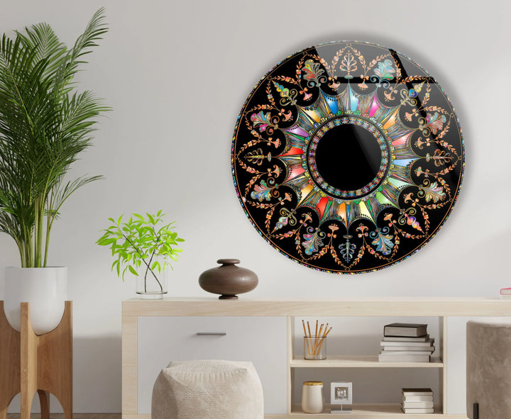 Mandala Round Wall Art – Ornate Colorful Glass Print with Black Background for Luxe Boho or Modern Decor - MyPhotoStation