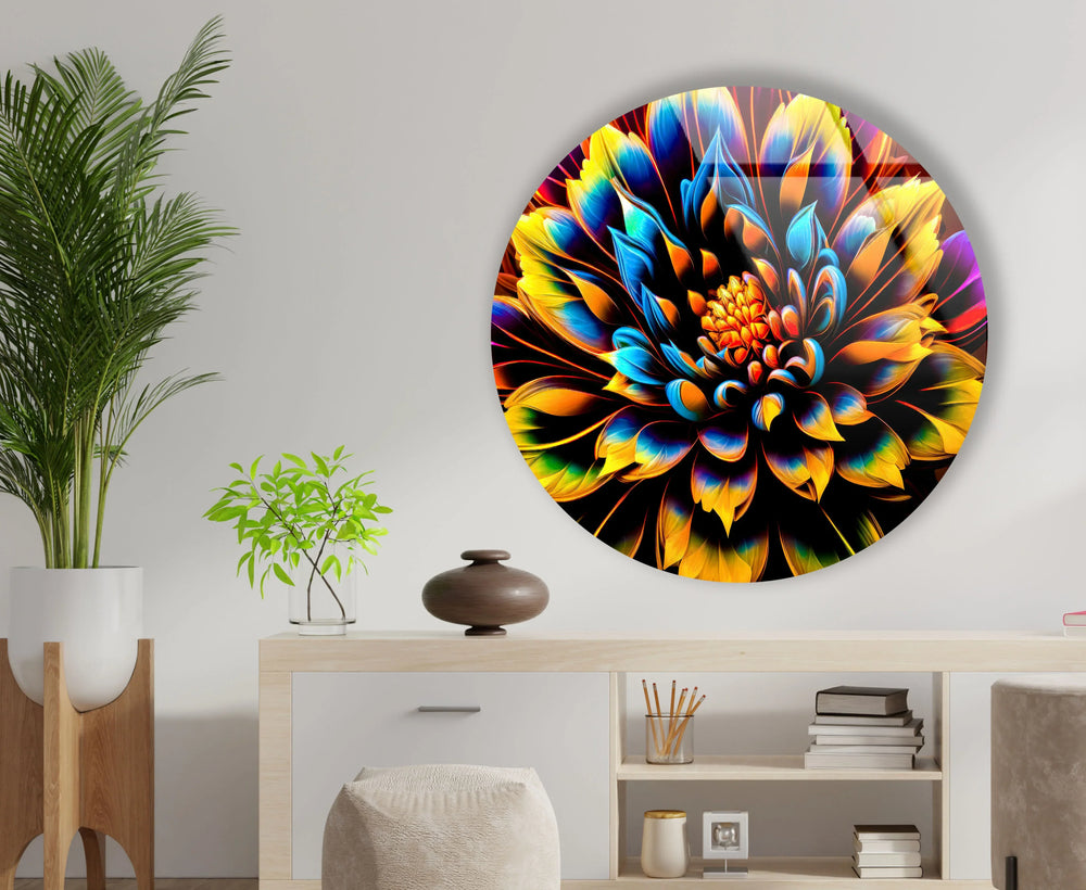 Vibrant Neon Flower Wall Art – Round Glass Decor with Black Background, Bold Petals & UV Print - MyPhotoStation