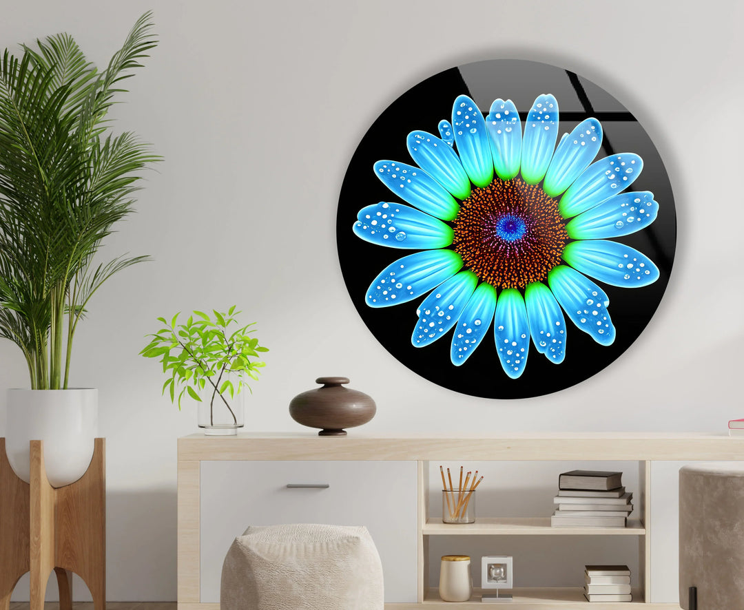 Blue Daisy Flower Wall Art – Round Modern Floral Glass Print with Water Droplets - MyPhotoStation
