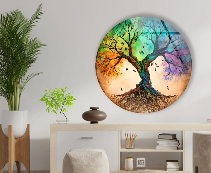 Dual Tree of Life Wall Art – Colorful Round Glass Print with Roots and Birds for Modern Home Decor - MyPhotoStation