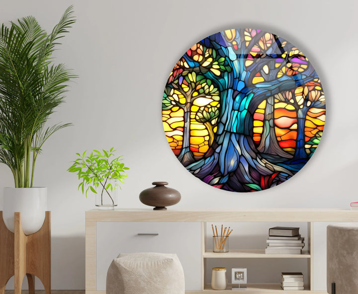 Stained Glass Tree of Life Wall Art – Round Vibrant Forest Print for Spiritual Home Decor - MyPhotoStation