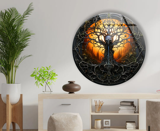 Light and shadow interplay dramatically across this Gothic Skull Tree round decorative wall art, emphasizing the dark fantasy details within its glass decor.