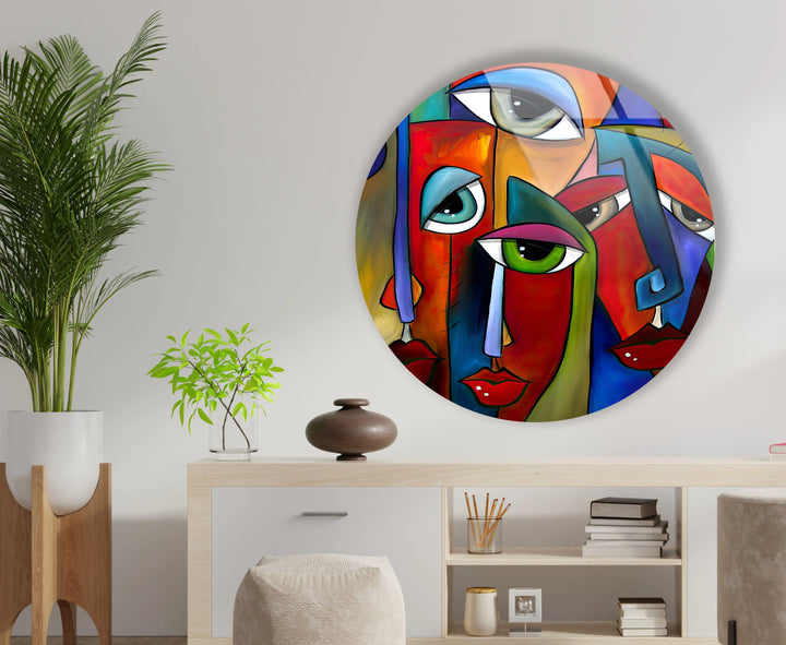 Colorful Cubist Face Round Wall Art – Abstract Glass Decor with Modern Picasso Style - MyPhotoStation