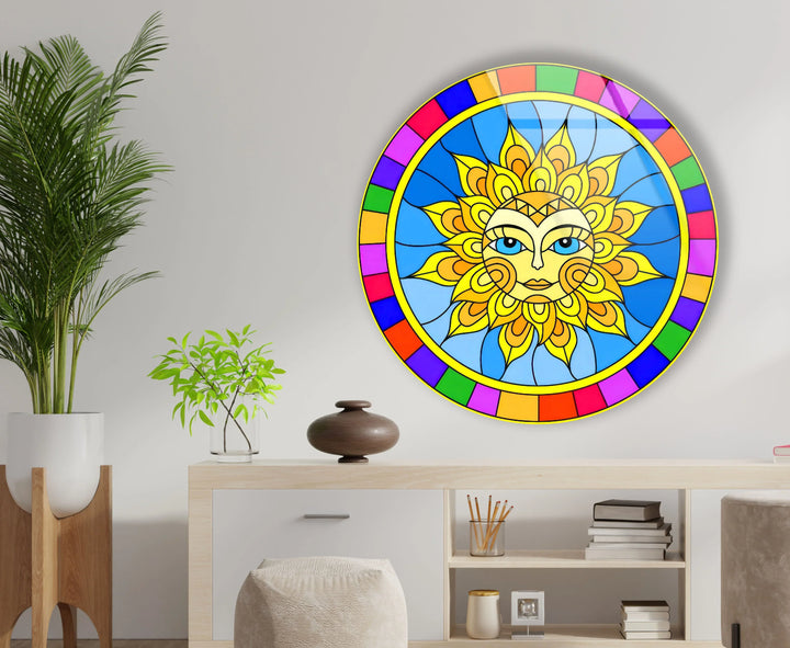 Colorful Sun Face Round Wall Art – Boho Celestial Decor in Glass - MyPhotoStation