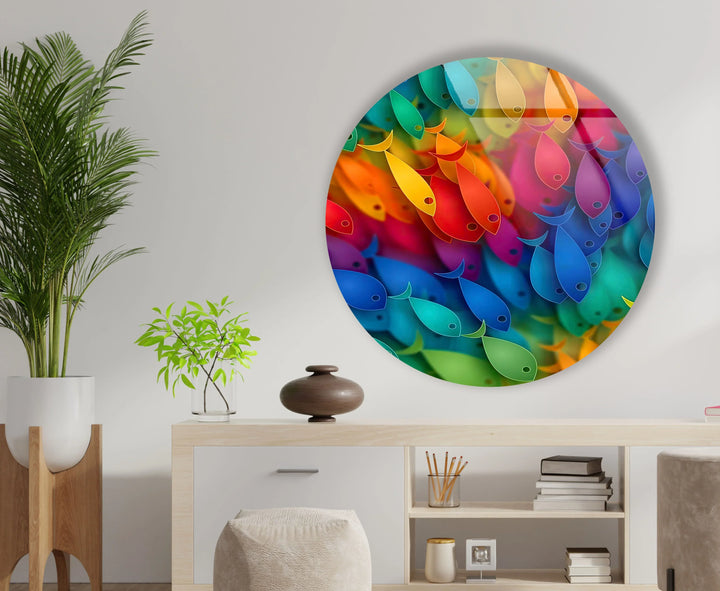 Rainbow Fish Round Wall Art – Vibrant Colorful Ocean-Inspired Glass Decor - MyPhotoStation