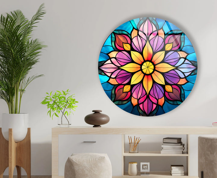 Mandala Lotus Flower Glass Wall Art – Round Stained Glass Style Floral Decor for Zen & Boho Homes - MyPhotoStation